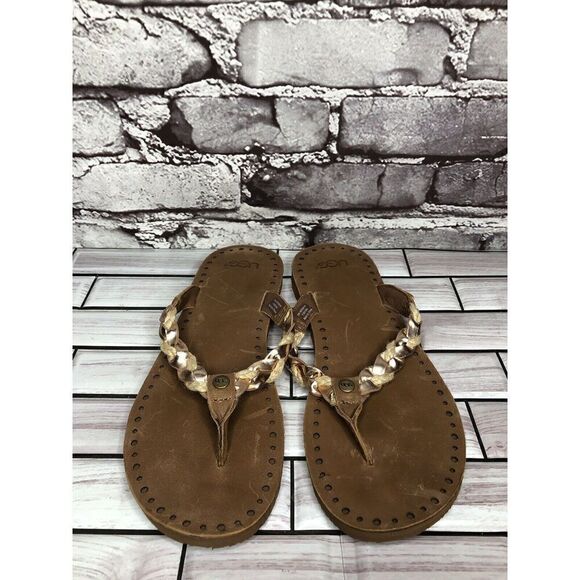 UGG Navie Braided Leather Rose Gold Flip Flops Sandals Women Sz 7M US/38 1007559 - Picture 2 of 15